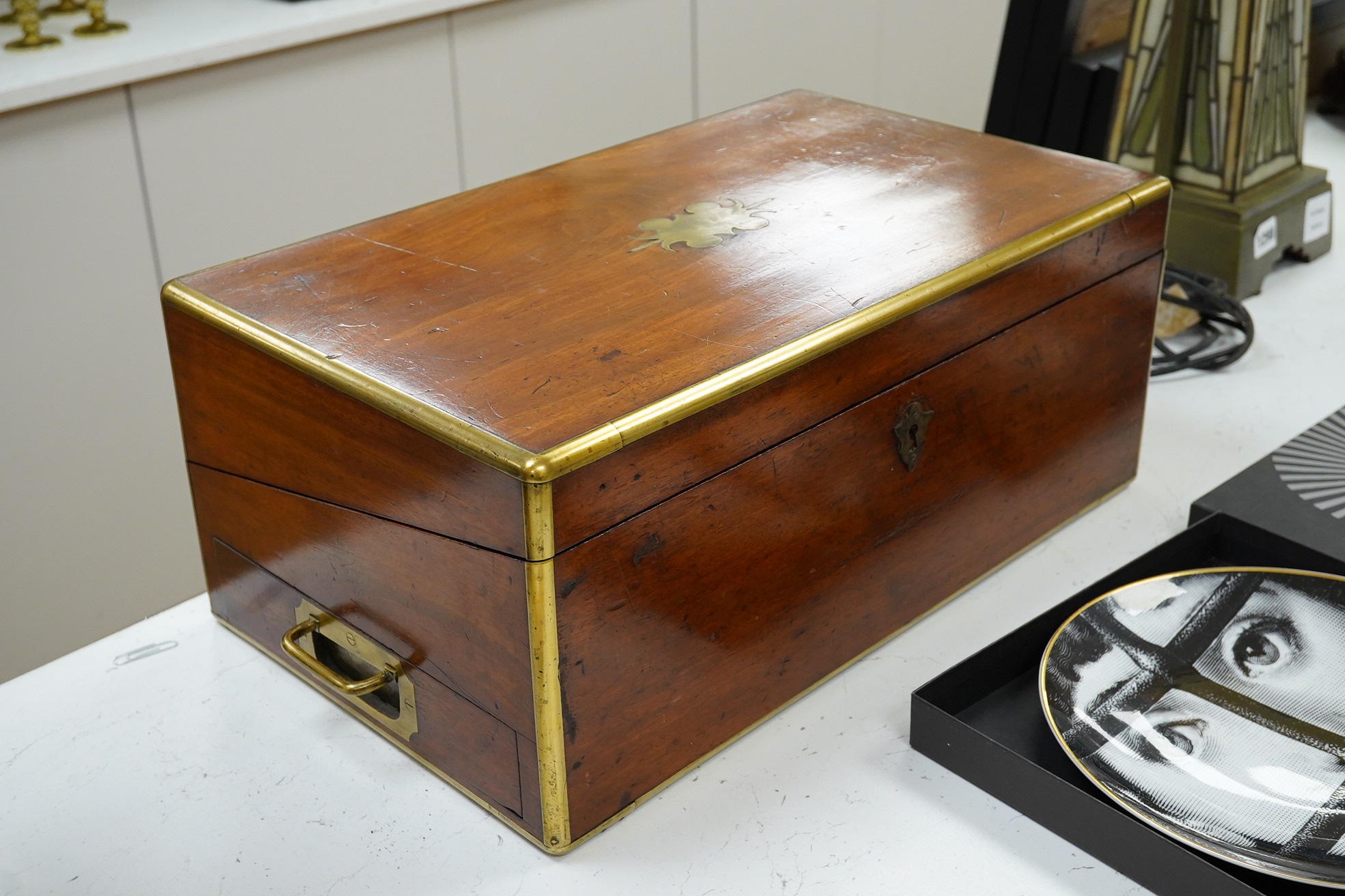 A 19th century mahogany brass bound writing box with tooled leather slope, 45cm wide. Condition - poor